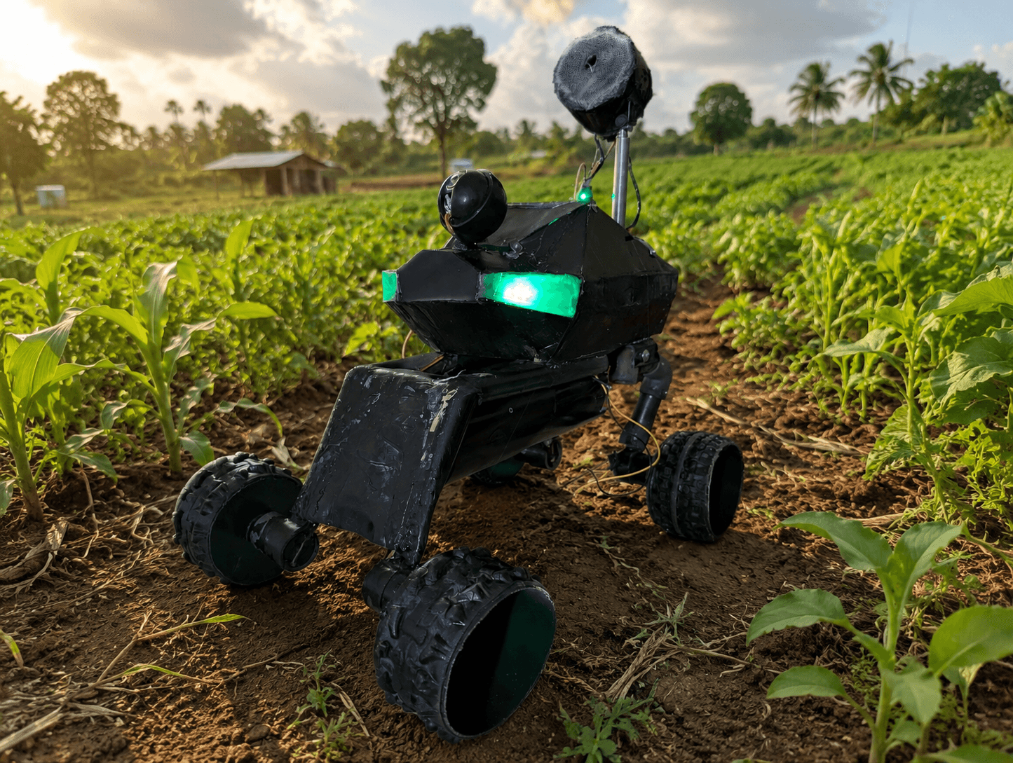 AgriBot ground robot patrolling a corn field at sunrise